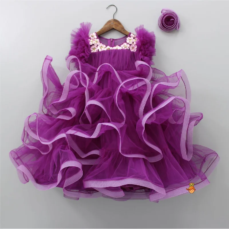 Women's Stylish Professional Apparel Flash Sale Pretty Purple Ruffled Layered Gown With Matching Hair Clip