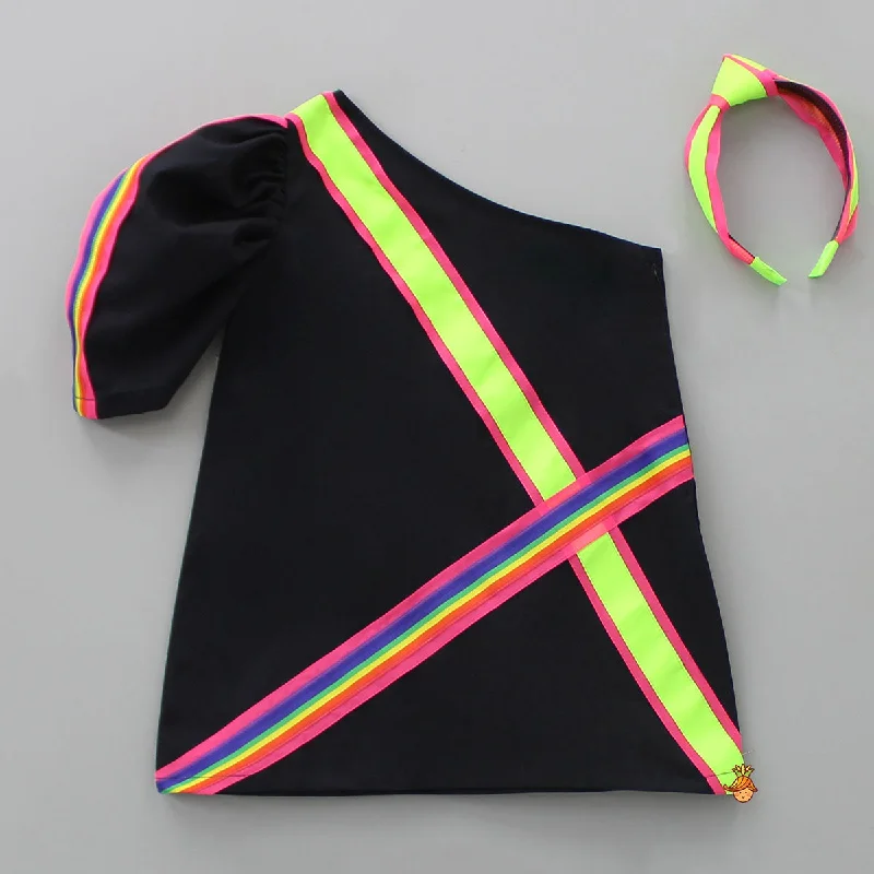 Women's Athletic Apparel Contemporary Casual Deals Multicolour Stripe One Shoulder Dress With Hairband