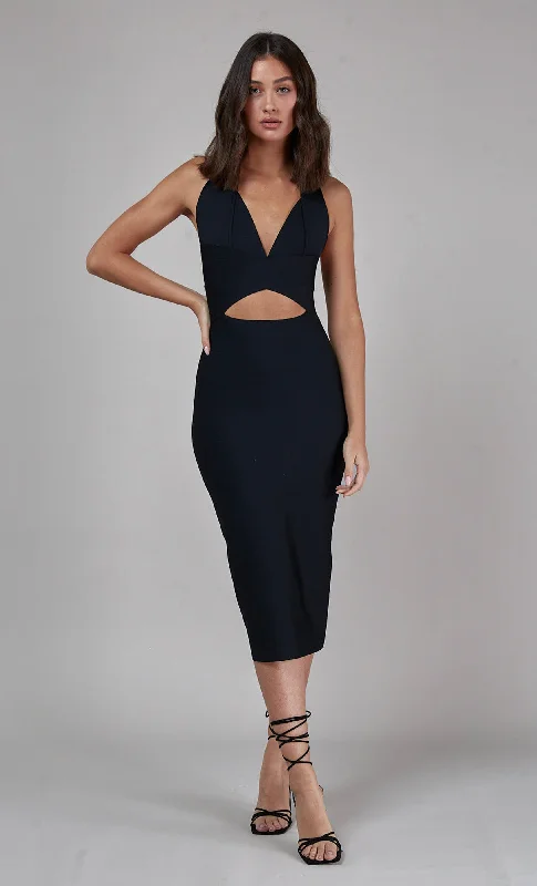 Women's Clothing With Trendy Designs Romantic Chic Deals Black Bandage Cut Out Midi Dress