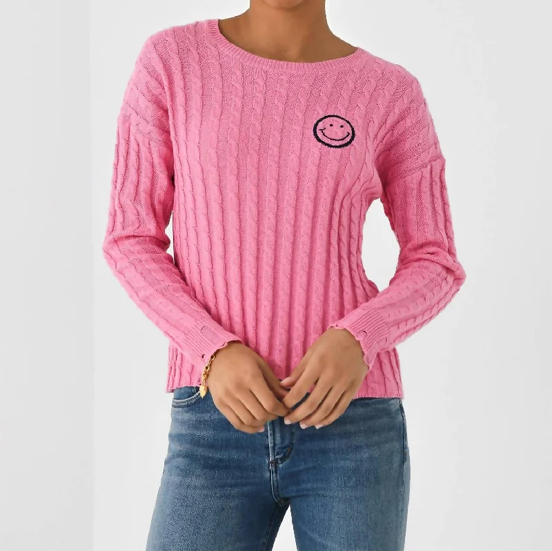 Women's Holiday Attire Limited Time Offer Cable Varsity Smiley Crew Sweater In Malibu/navy
