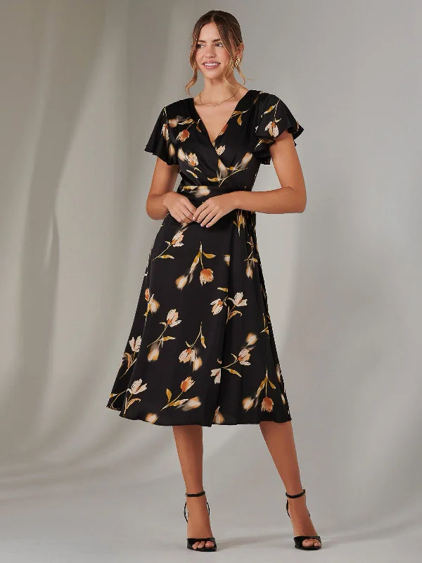 Women's Vacation Garments Limited Time Wrap Front Midi Dress, Black Floral