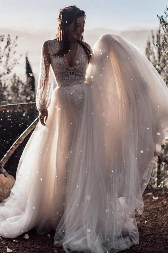 Women's Trendy Outfit Flash Sale A Line Long Sleeves Ivory V Neck Beach Wedding Dresses with Lace Appliques