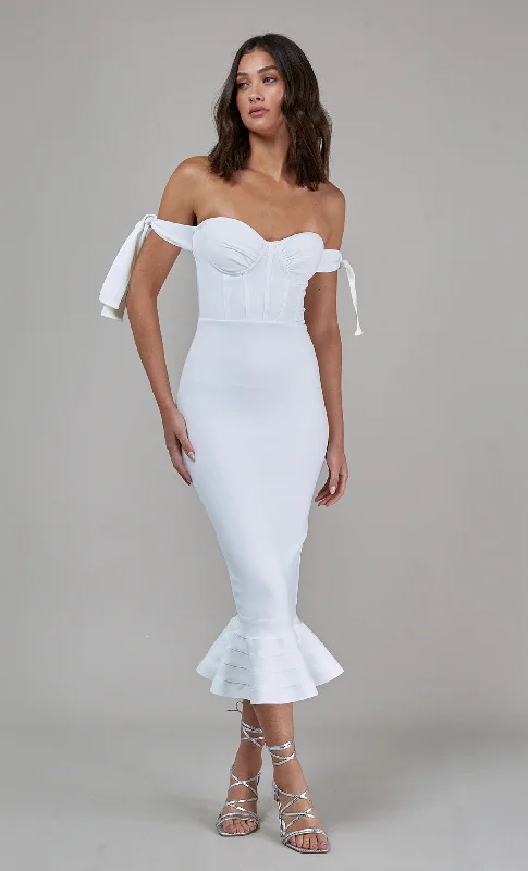Women's Vacation Outfit Set Vintage-Modern Style Offers White Bandage Off Shoulder Midi Dress Women's Vacation Outfit Set Vintage-Modern Style Offers White Bandage Off Shoulder Midi Dress