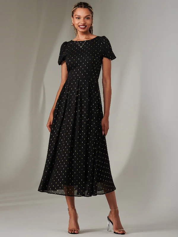 Women's Athleisure Apparel Limited Stock, Big Discounts Metallic Spot Chiffon Midimix Dress, Black