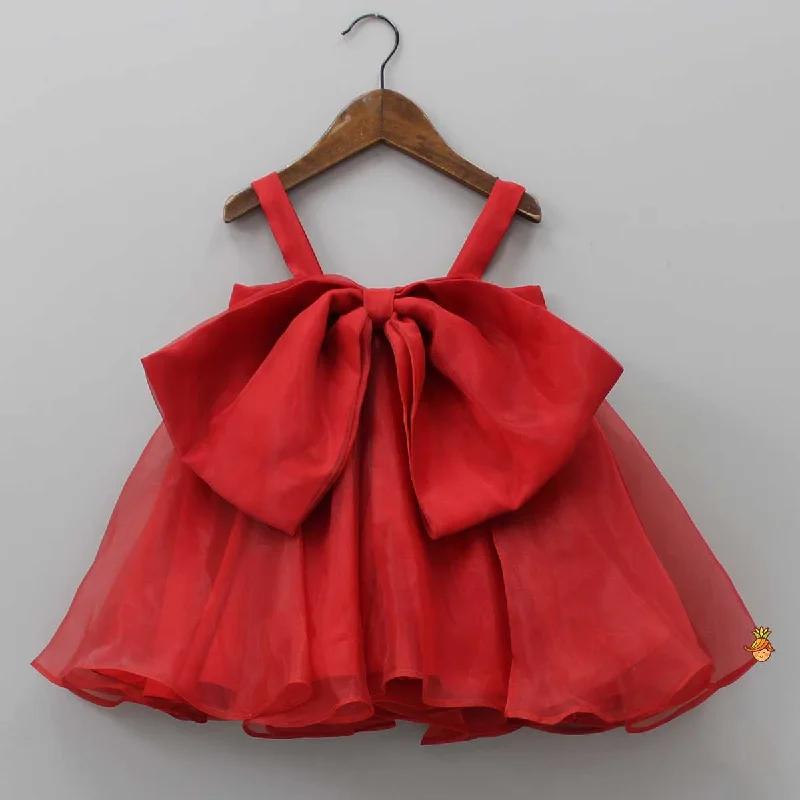 Women's Chic Outfit Spring Offer Oversized Bow Organza Red Strappy Dress