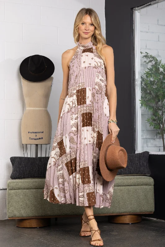 Chic Clothing For Women Buy More, Save More MOCHA PAISLEY PRINT HALTER NECK PLEATED MAXI DRESS-DY51129FA Chic Clothing For Women Buy More, Save More MOCHA PAISLEY PRINT HALTER NECK PLEATED MAXI DRESS-DY51129FA