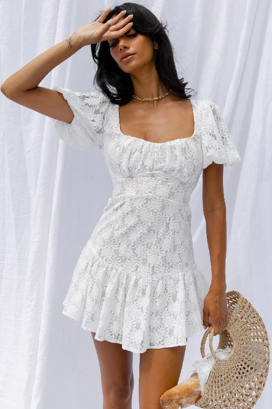 Women's Evening Clothing Browse Our Top Products Petite Cherie Puff Sleeve Lace-Up Back Dress Lace White