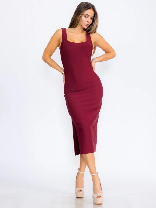 Fashionable Women's Outfit Casual Chic Deals WOMEN'S SLEEVELESS SQUARE NECK SIDE SLIT BODYCON BANDAGE MIDI DRESS