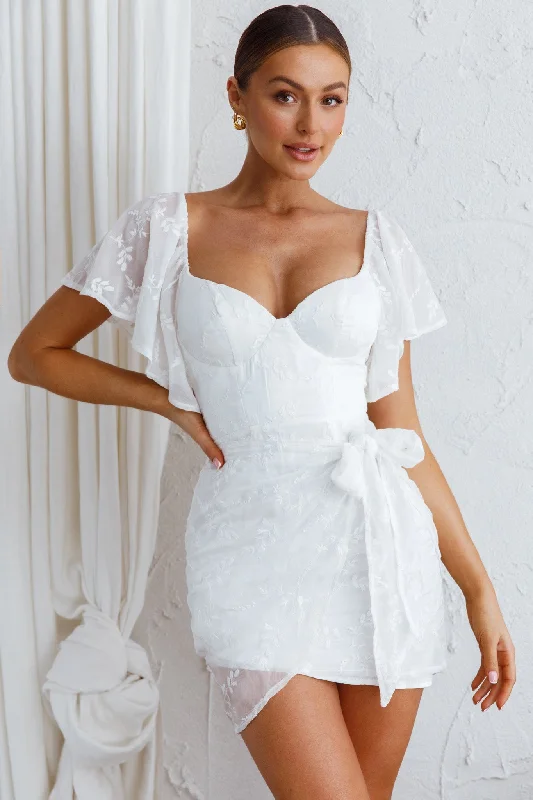 Timeless Women's Apparel Find Your Unique Flair Aphrodite Molded Bust Angel Sleeve Wrap Dress Embroidered White