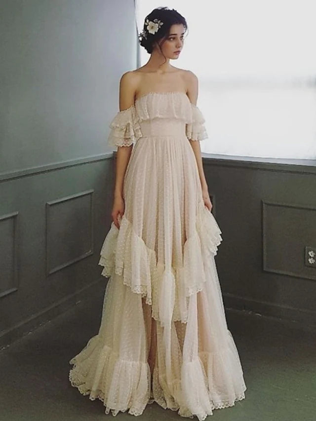 High-Fashion Women's Clothing Modern Fashion Sale Beach Wedding Dresses Sweep Brush Train A-Line Short Sleeve Off Shoulder Lace With Ruffles High-Fashion Women's Clothing Modern Fashion Sale Beach Wedding Dresses Sweep Brush Train A-Line Short Sleeve Off Shoulder Lace With Ruffles