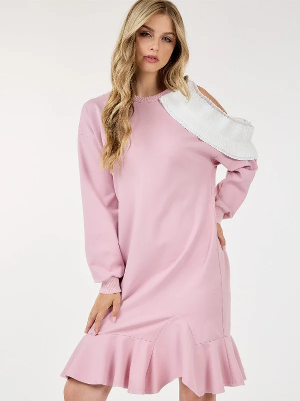 Affordable Trendy Clothes For Women Durable Fashion Picks WOMEN'S LONG SLEEVE RUFFLE DETAILED COLORBLOCK MIDI DRESS