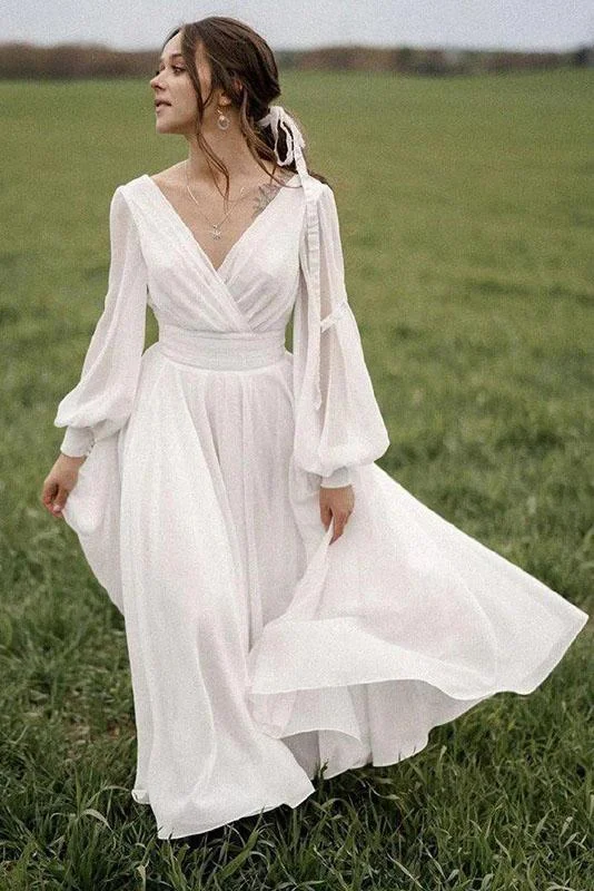 Comfortable Women's Clothing Flirty Fashion Discounts Chiffon Beach Wedding Dresses Puff Sleeve Vintage Bride Dresses V Neck Boho Wedding Gowns