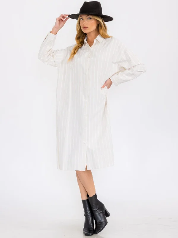 Women's Contemporary Clothing Casual Fashion WOMEN'S LONG SLEEVE BUTTON UP DTRIPES TUNIC MIDI DRESS