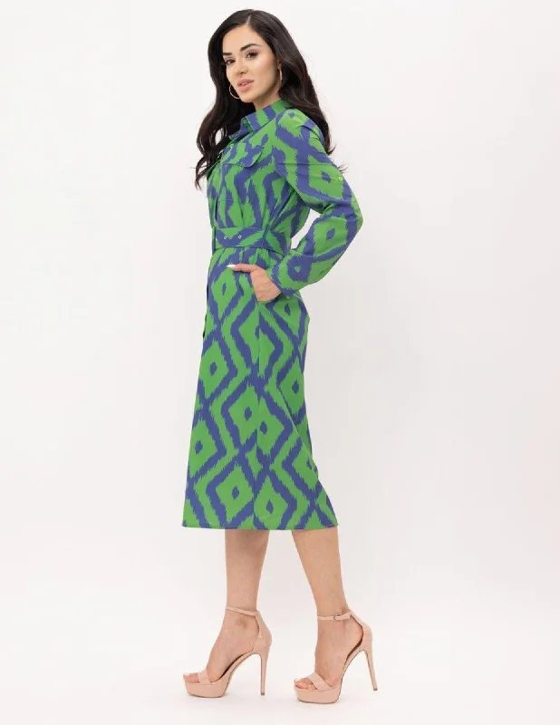 Women's Professional Outfit Vintage-Inspired Style Offers WOMEN'S LONG SLEEVE BUTTON UP POCKETS BELTED PRINTED MIDI DRESS
