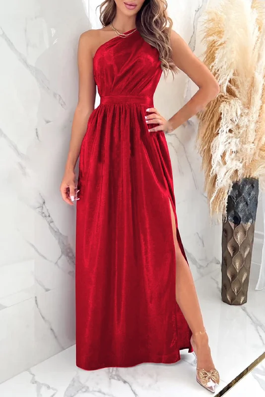 Women's Clothing Vibrant Style Promotions One Shoulder Slit Ruched Maxi Dress