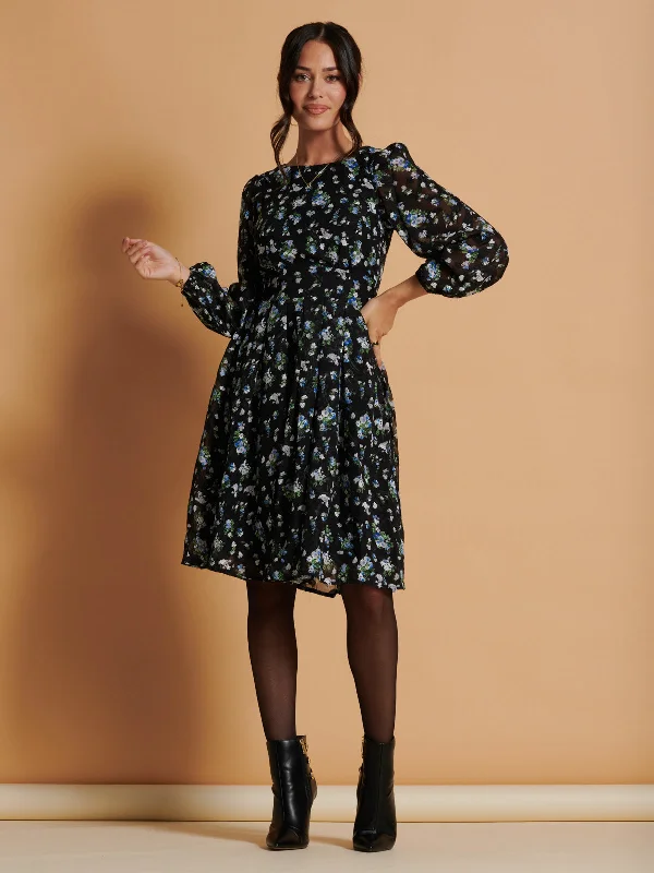 Women's Trendy Garments Chic Style Discounts Long Sleeve Chiffon Midi Dress, Black Floral