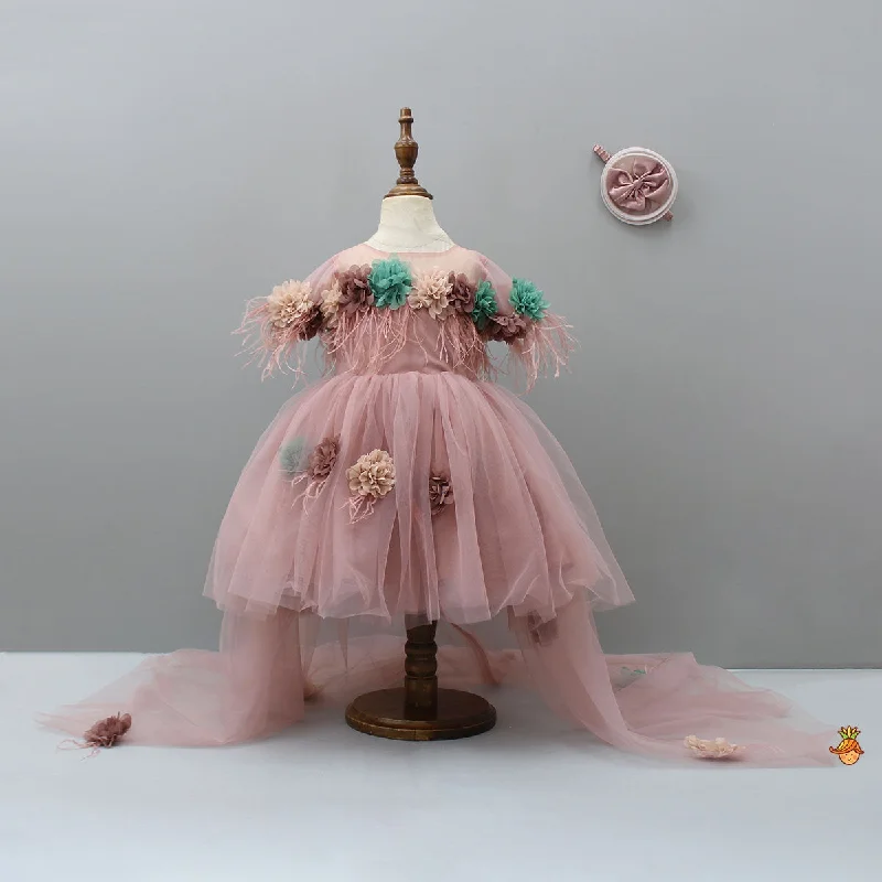 Women's High-Fashion Outfit Unleash Your Trendy Side High Low Flowers Embellished Net Dress With Spiral Bowie Head Band Women's High-Fashion Outfit Unleash Your Trendy Side High Low Flowers Embellished Net Dress With Spiral Bowie Head Band