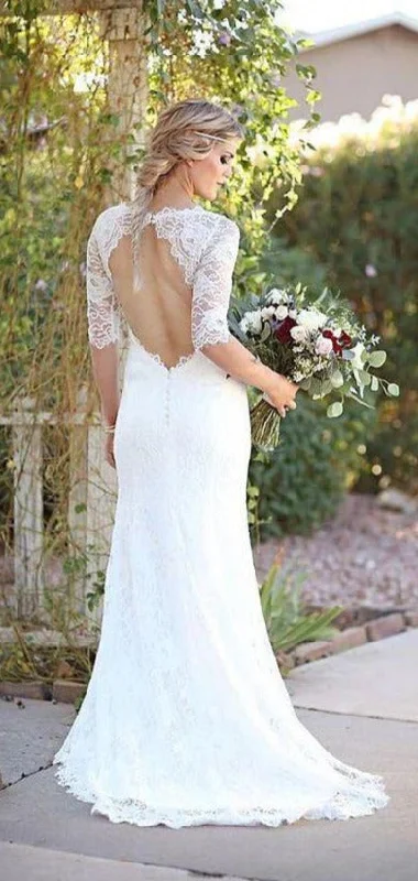 Women's Trendy Clothes Stylish Looks Keyhole Back Half Sleeve Lace Wedding Dress