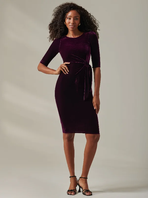 Women's Trendy Activewear Apparel Catch Every Fashion Trend Velvet Side Tie Midi Dress, Dark Purple