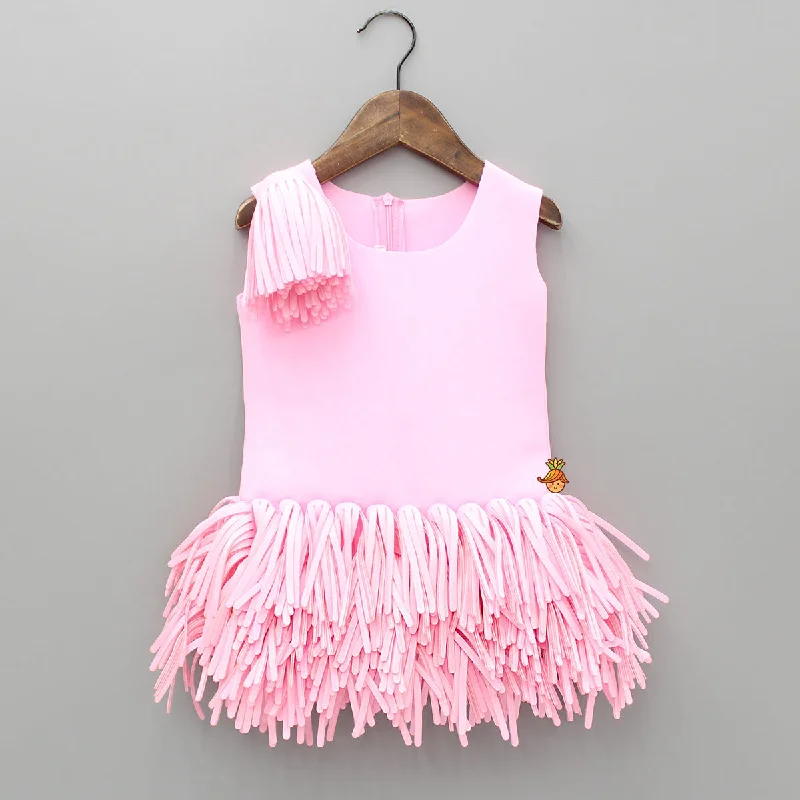 Women's Workout Clothing Flash Sales Pink Scuba Dress With Detachable Fringes Flower Broach Women's Workout Clothing Flash Sales Pink Scuba Dress With Detachable Fringes Flower Broach
