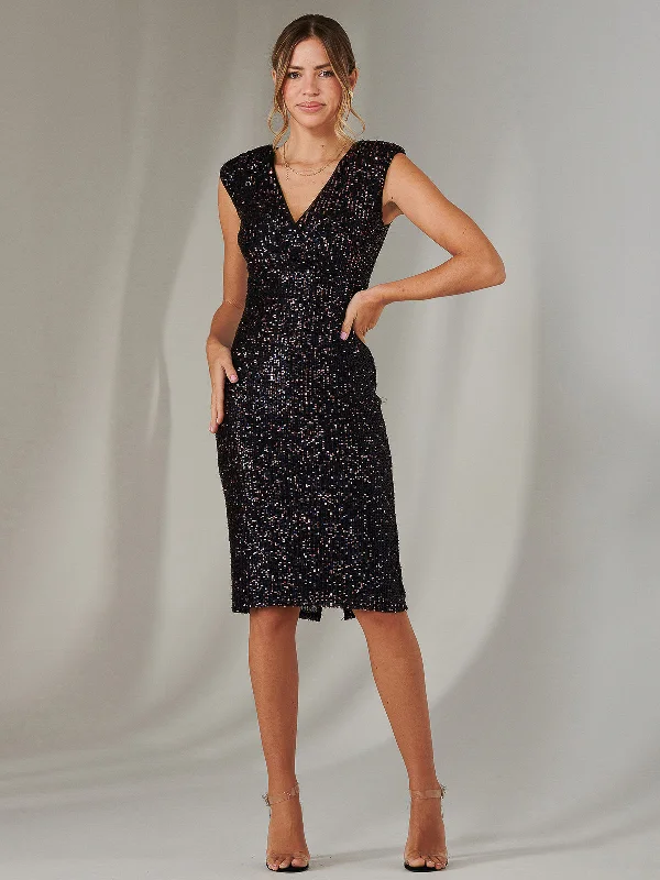 Stylish Women's Attire Flirty Fashion Discounts Wrap Bodice Sequin Midi Dress, Navy Multi