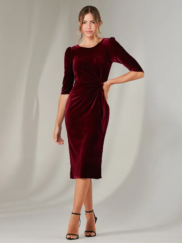 Vintage Clothing For Women Sophisticated Fashion Velvet Side Tie Midi Dress, Burgundy