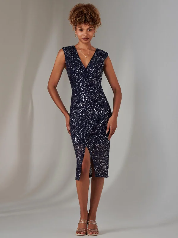Women's Seasonal Wardrobe Clothing Stylish Savings Deja Sequin Midi Dress With Slit, Navy Silver