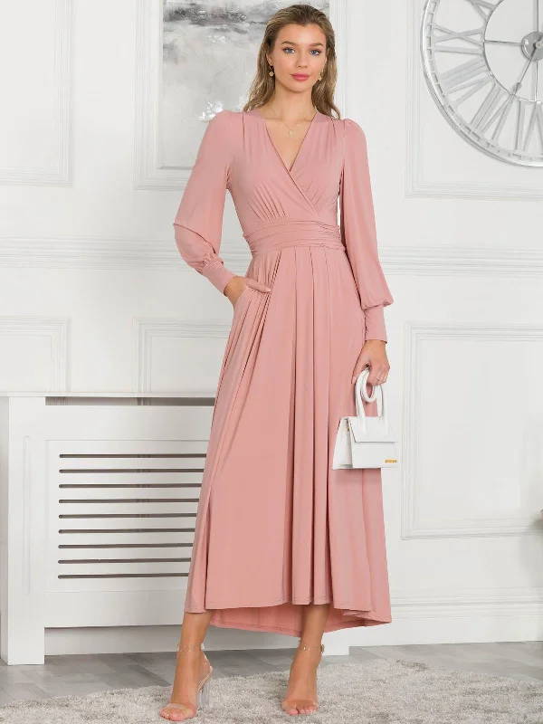 Women's Formal Event Outfit Boutique Styles Rashelle Jersey Long Sleeve Maxi Dress, Dusty Pink