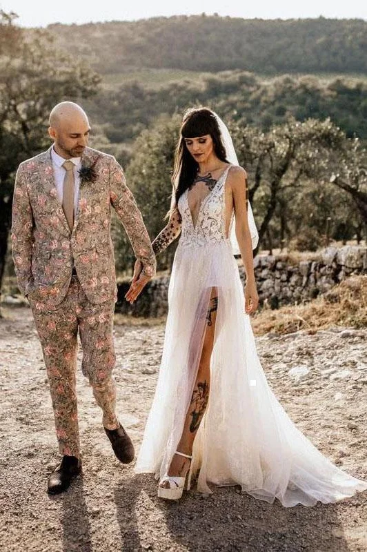 Women's Travel Outfit Set Best Sellers Sexy See Through Thigh Split V Neck Beach Wedding Dresses Beads Tulle Vintage Bride Dress