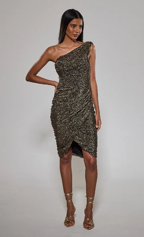 Women's Plus-Size Casual Outfit Unbeatable Prices Gold Metallic One Shoulder Midi Dress Women's Plus-Size Casual Outfit Unbeatable Prices Gold Metallic One Shoulder Midi Dress