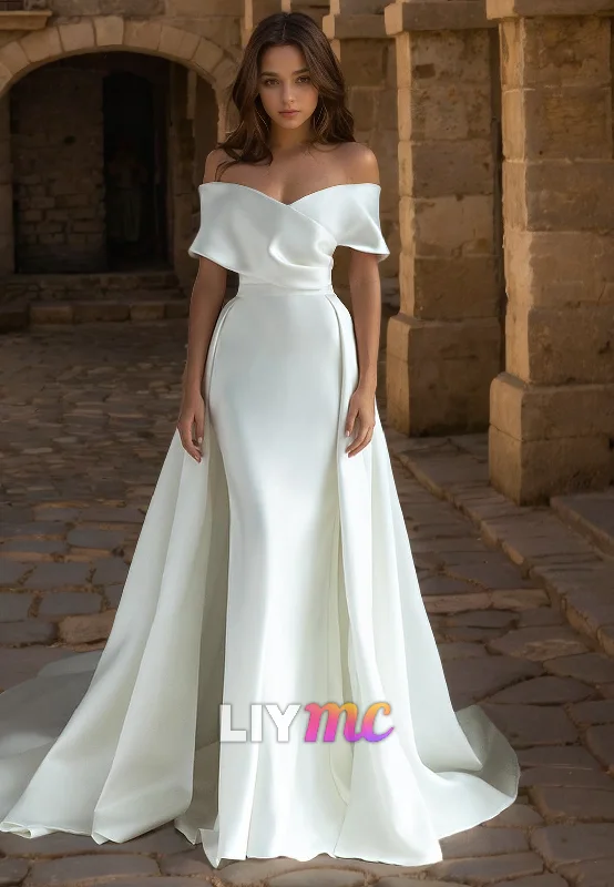 Women's Wardrobe Apparel Fashion Forward, Function First LW512 - Sheath Off Shoulder Draped Floor-Length Boho Wedding Dress with Overlay Women's Wardrobe Apparel Fashion Forward, Function First LW512 - Sheath Off Shoulder Draped Floor-Length Boho Wedding Dress with Overlay