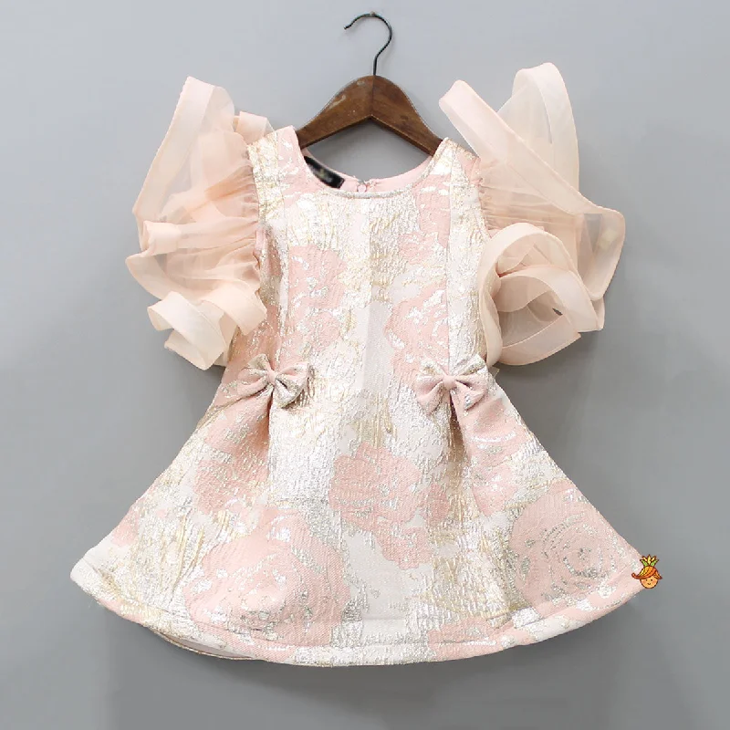 Women's Professional Clothes Best Sellers Peach Zari Brocade Ruffle Sleeves Dress