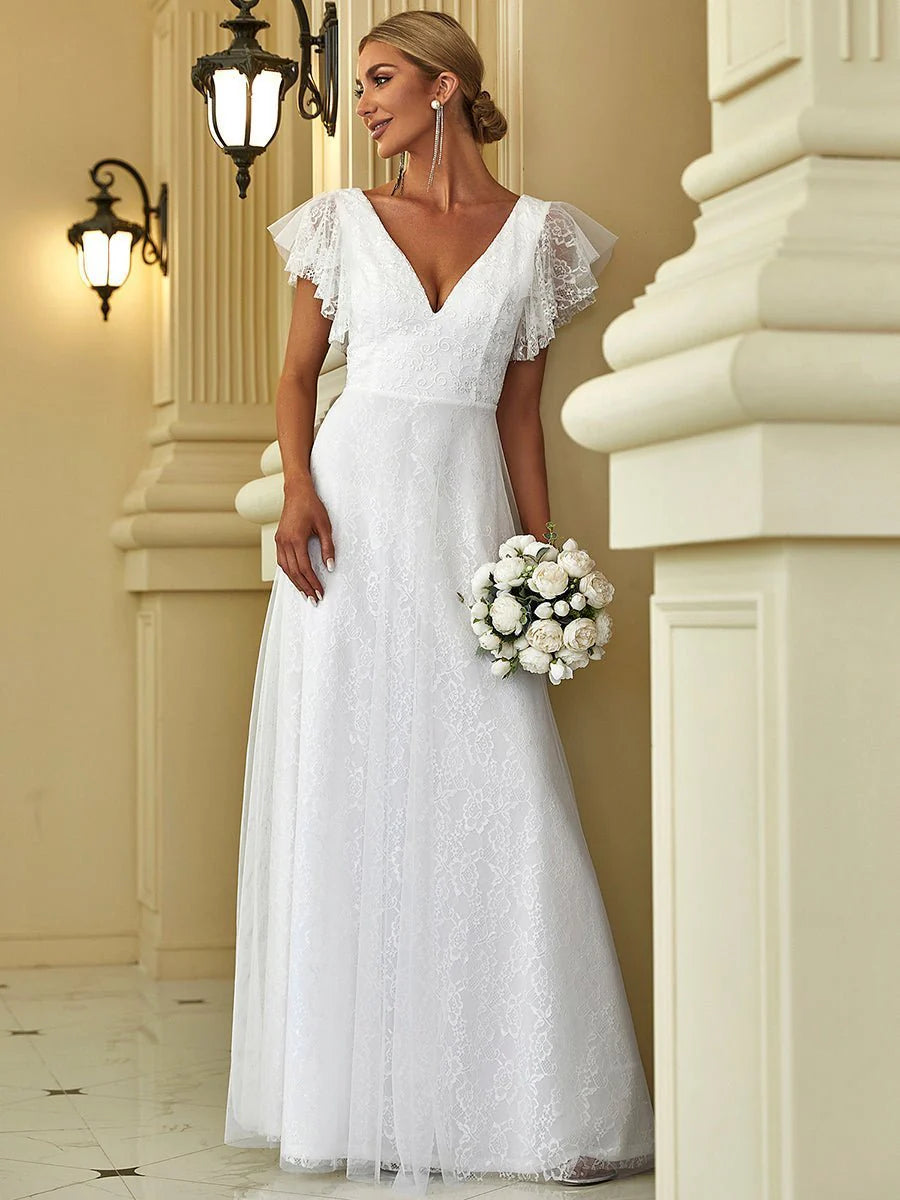 Women's Plus-Size Casual Outfit The Good Stuff Lace tulle wedding dress with flutter sleeves in Ivory wide Women's Plus-Size Casual Outfit The Good Stuff Lace tulle wedding dress with flutter sleeves in Ivory wide