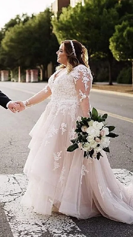 Women's Clothes For Work Events Relaxed Style Long Sleeve Lace Plus Size Blush Wedding Dress With Detachable Beaded Band Women's Clothes For Work Events Relaxed Style Long Sleeve Lace Plus Size Blush Wedding Dress With Detachable Beaded Band