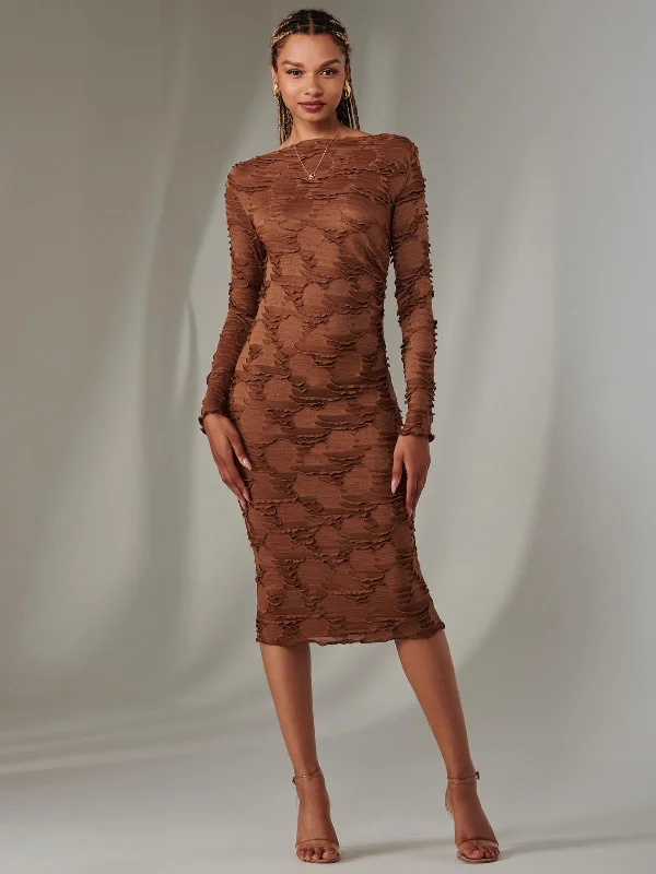 Casual Chic Women's Clothes Timeless Elegance Redefined Long Sleeve Textured Midi Dress, Dark Brown