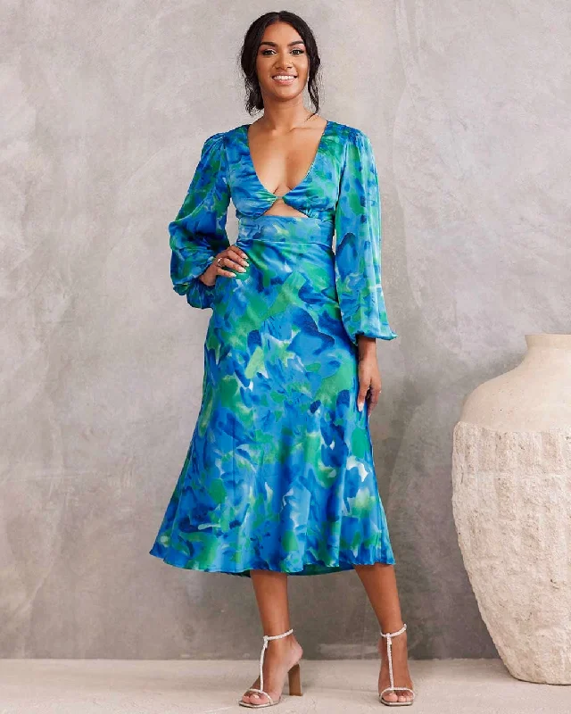 Women's Timeless Attire Seasonal Picks Kora Satin Midi Dress - Green/Blue Print