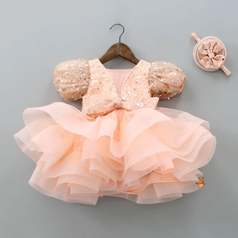 Women's Transitional Apparel Stylish Deals Sequined Peach Puff Sleeves Ruffle Dress With Bowie Head Band Women's Transitional Apparel Stylish Deals Sequined Peach Puff Sleeves Ruffle Dress With Bowie Head Band