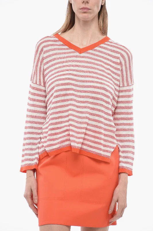 Women's Holiday Apparel Chic And Edgy Whyci V-Neck Striped Linen Blend Sweater