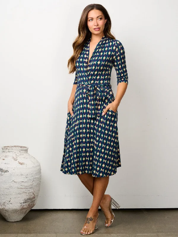 Women's Travel Attire Shop The Hottest Deals WOMEN'S 3/4 SLEEVE SURPLICE POCKETS MULTI PRINT MIDI DRESS