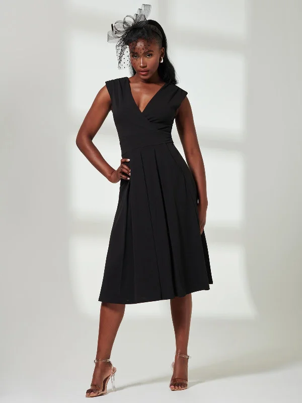 Women's Vacation Clothes Latest Fashion Yuina Scuba Pleated Flare Midi Dress, Black