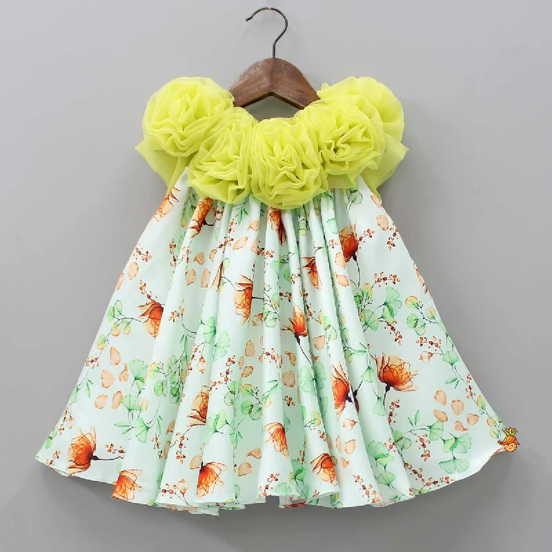 Women's Effortless Casual Outfit End-Of-Season Clearance Lime Green Floral Printed Rose Flowers Adorned Dress