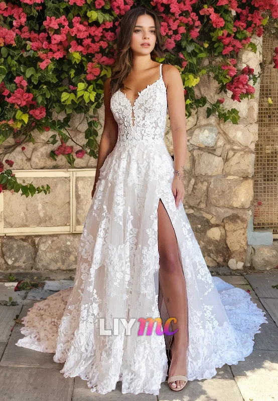 Women's Workout Clothing Stylish Deals LW055 - A Line Spaghetti Straps Lace Side Slit Boho Long Wedding Dress Women's Workout Clothing Stylish Deals LW055 - A Line Spaghetti Straps Lace Side Slit Boho Long Wedding Dress