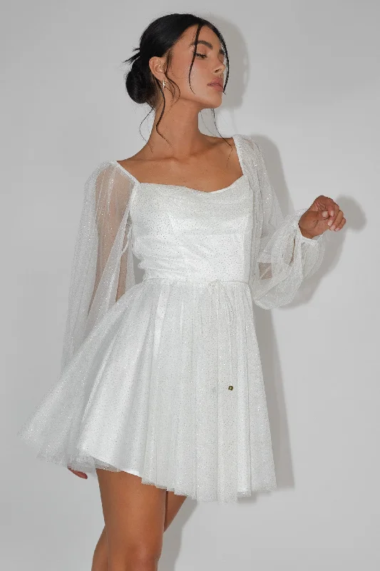 Casual Apparel For Women Laid-Back Fashion Offers Fairytale Dream Pleat Neckline Mini Dress Sparkle White/Gold