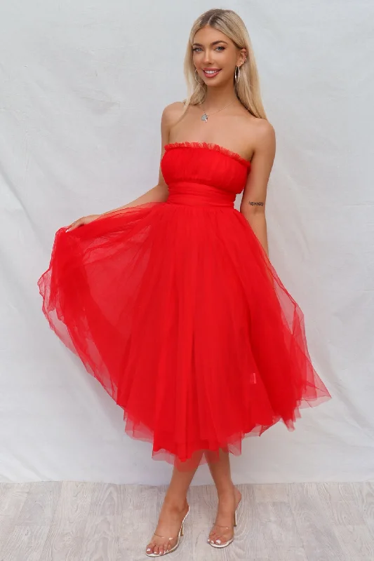 Women's Casual Apparel Flash Sale, Don'T Miss Maria Tulle Midi Dress - Red
