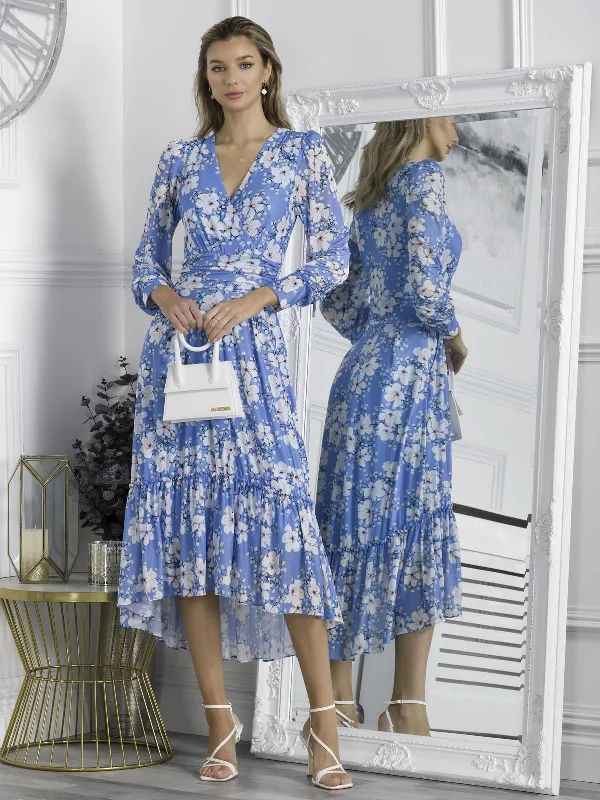 Women's Vintage-Inspired Outfit Trend Leading Collection Lilianna Mesh Long Sleeve Tiered Hem Dress, Blue Floral Women's Vintage-Inspired Outfit Trend Leading Collection Lilianna Mesh Long Sleeve Tiered Hem Dress, Blue Floral