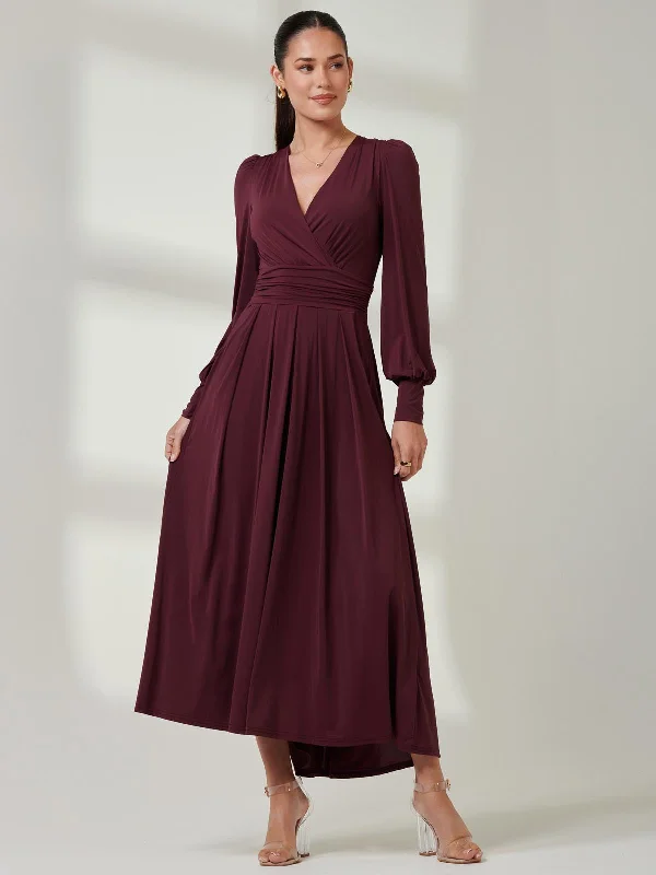 Women's Elegant Formal Outfit Vintage-Inspired Style Offers Long Sleeve Soft Silky Jersey Maxi Dress, Burgundy