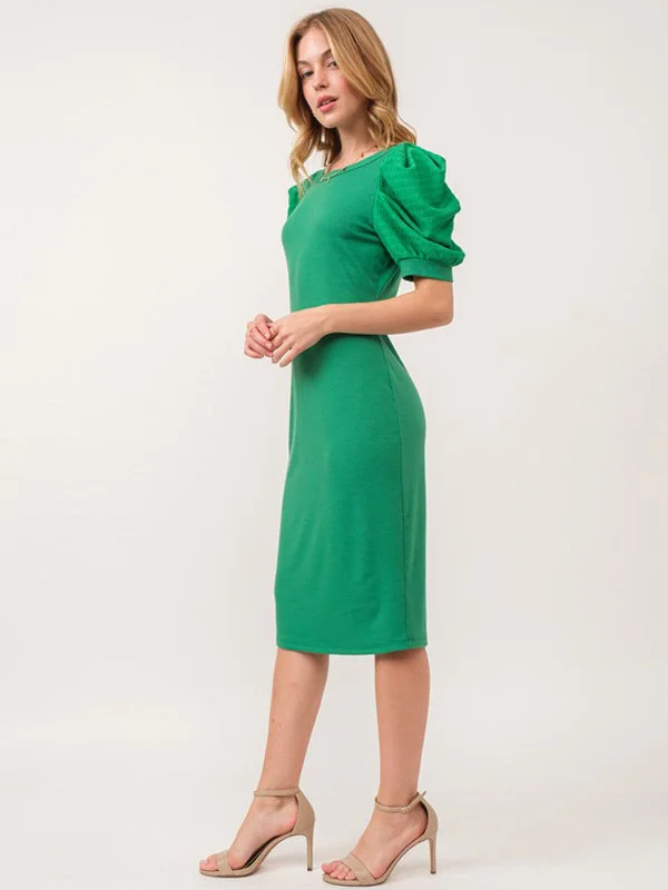 Women's Stylish Vacation Attire New Season Fashion Preview WOMEN'S SHORT PUFF SLEEVE BODYCON RIBBED MIDI DRESS Women's Stylish Vacation Attire New Season Fashion Preview WOMEN'S SHORT PUFF SLEEVE BODYCON RIBBED MIDI DRESS