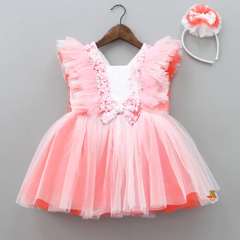 Women's Trendy Attire Urban Fashion Sequin Work And Net Ruffles Dress With Hair Band