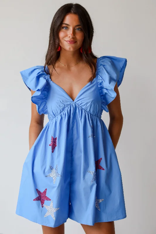 Women's Trendy Casual Clothes Urban Elegance Deals FINAL SALE - Summer Spirit Blue Rhinestone Star Romper Women's Trendy Casual Clothes Urban Elegance Deals FINAL SALE - Summer Spirit Blue Rhinestone Star Romper