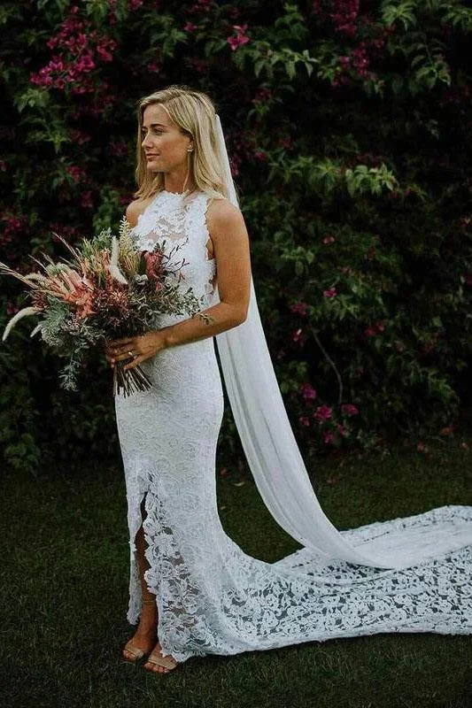 Women's Floral Print Outfit Seasonal Picks Charming Sheath Lace Bride Gown with Slit Open Back Ivory Boho Wedding Dresses